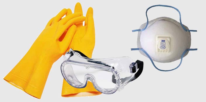 Перчатки, респиратор, защитные очки — обязательные атрибуты при работе со средствами, содержащими щёлочи и кислоты